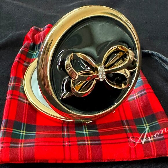 Avon | Double Compact Mirror with Holiday Plaid Silk Carrying Case (New) - Picture 1 of 5